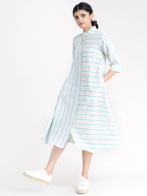

Marigold by FableStreet Blue & White Cotton Striped Midi Shirt Dress