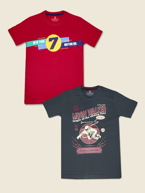 

Benny n Bunny Pack of 2 Boys Red & Charcoal Grey Printed Pure Cotton T-shirt