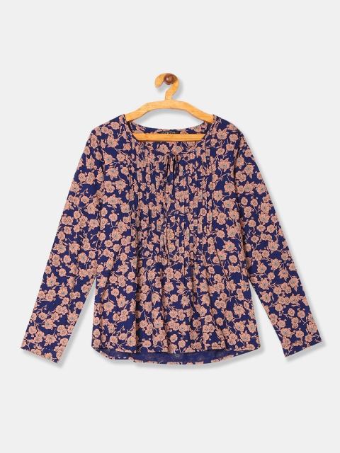 

Cherokee Blue & Peach Floral Print Tie-Up Neck Top