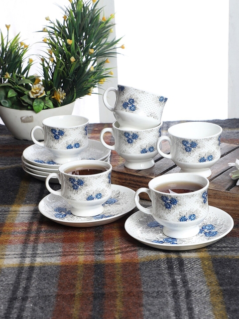 

CDI White & Blue Floral Printed Bone China Glossy Set of 6 Cups and 6 Saucers