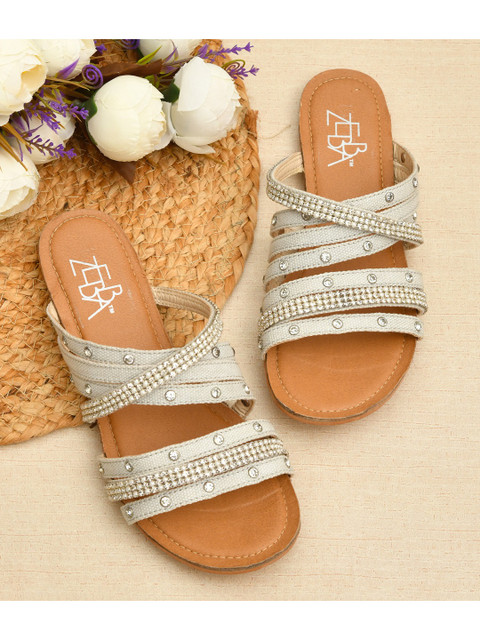 

Zebba Women White Embellished Leather Party Open Toe Flats