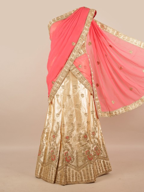 

Pothys Women Peach & Gold Embellished Half & Half Saree