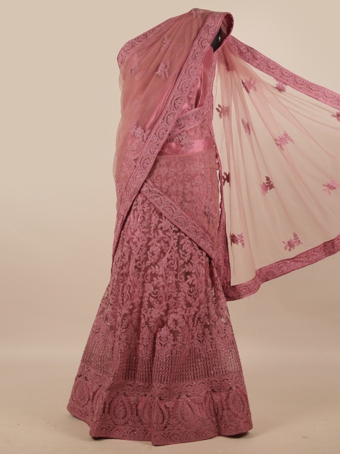 

Pothys Pink Embroidered Unstitched Net Skirt & Blouse With Dhavani