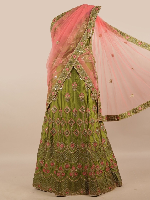 

Pothys Pink & Green Embroidered Unstitched Lehenga & Blouse With Dupatta