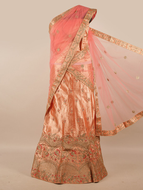

Pothys Pink & Gold-Toned Embroidered Thread Work Unstitched Lehenga & Blouse With Dupatta