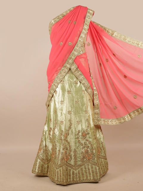 

Pothys Women Pink & Green Embroidered Unstitched Lehenga & Blouse With Dupatta