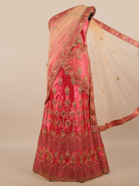 

Pothys Peach-Coloured & Pink Embroidered Zardozi Unstitched Lehenga & Blouse With Dupatta