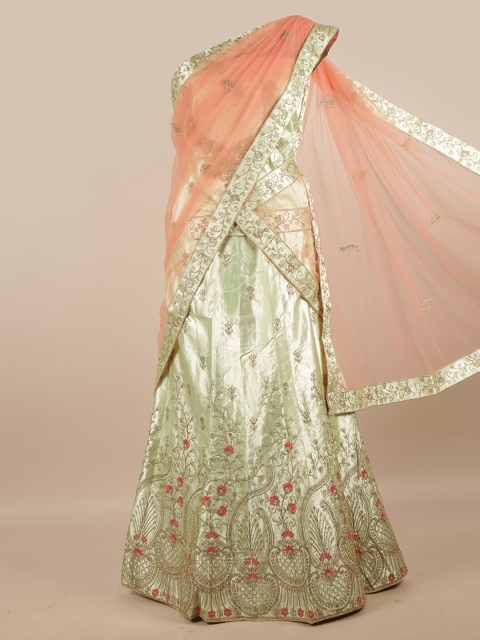 

Pothys Peach-Coloured & Sea Green Embroidered Unstitched Skirt & Blouse With Net Dhavani