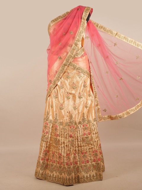 

Pothys Pink & Peach-Coloured Embroidered Zardozi Unstitched Lehenga & Blouse With Dupatta
