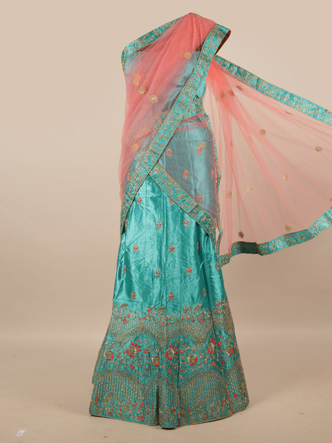 

Pothys Pink & Green Embroidered Unstitched Lehenga & Blouse With Dupatta