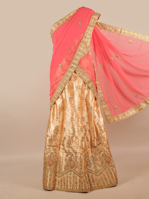 

Pothys Women Pink & Peach-Coloured Embroidered Unstitched Lehenga & Blouse With Dupatta