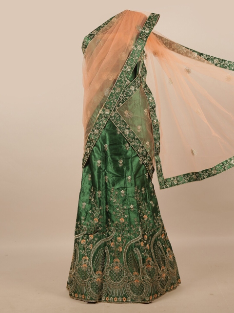 

Pothys Peach-Coloured & Green Embroidered Zardozi Unstitched Lehenga & Blouse With Dupatta