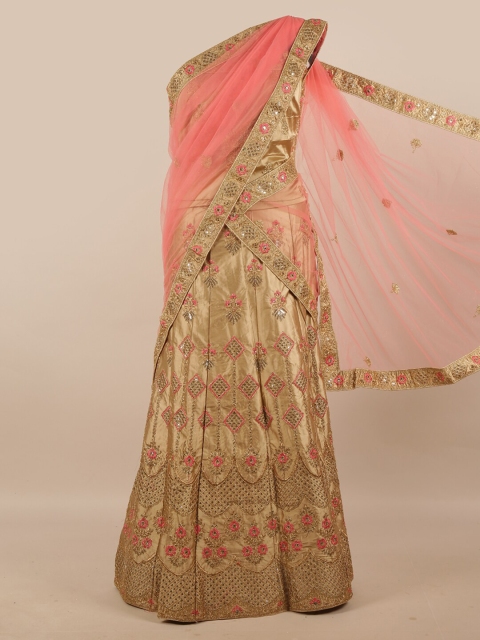 

Pothys Pink & Gold-Toned Embroidered Unstitched Skirt & Blouse With Dhaani