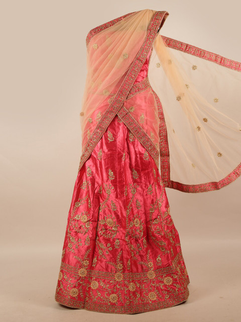 

Pothys Peach-Coloured & Pink Embroidered Unstitched Lehenga & Blouse With Dupatta