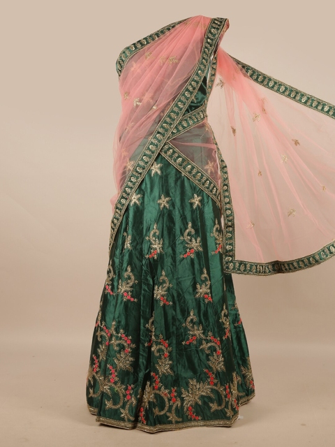 

Pothys Pink & Green Embroidered Zardozi Unstitched Lehenga & Blouse With Dupatta
