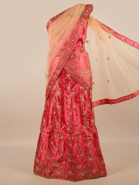 

Pothys Peach-Coloured & Pink Embroidered Unstitched Lehenga Choli With Dupatta