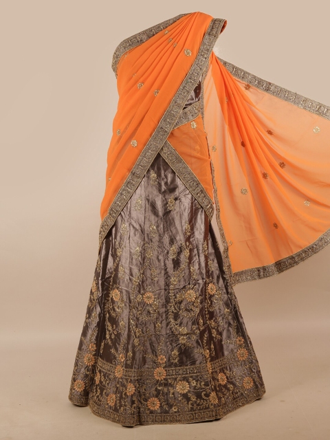 

Pothys Orange & Grey Embroidered Zardozi Unstitched Lehenga & Blouse With Dupatta