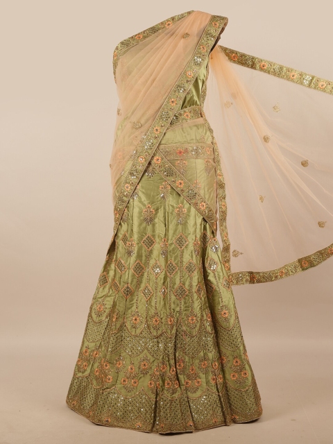 

Pothys Women Peach Ethnic Motifs Embroidered Half & Half Net Saree, Green