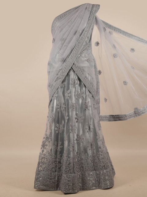 

Pothys Grey Embroidered Beads and Stones Unstitched Skirt & Blouse With Net Dhavani