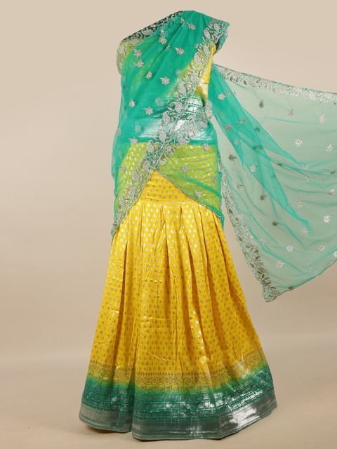 

Pothys Green & Yellow Unstitched Lehenga & Blouse With Dupatta