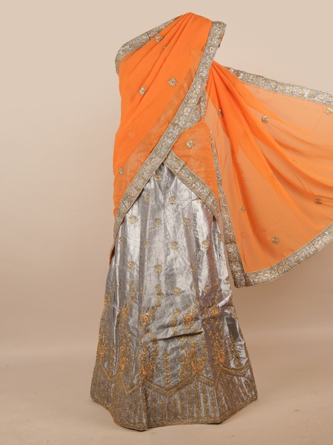 

Pothys Orange & Grey Embroidered Unstitched Lehenga & Blouse With Dupatta
