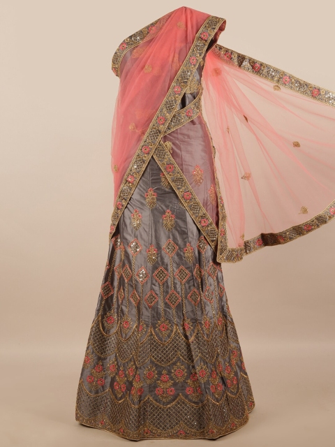 

Pothys Pink & Taupe Embroidered Unstitched Lehenga Choli With Dupatta