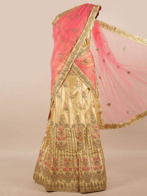 

Pothys Pink & Cream-Coloured Embroidered Zardozi Unstitched Half Saree