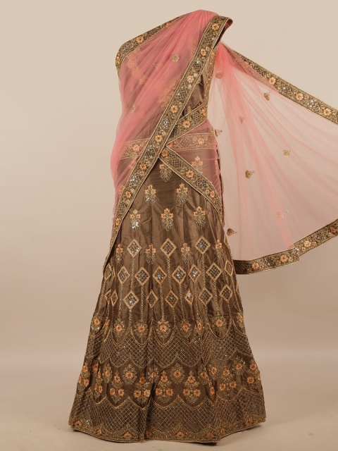 

Pothys Brown & Pink Embroidered Unstitched Lehenga & Blouse With Dupatta