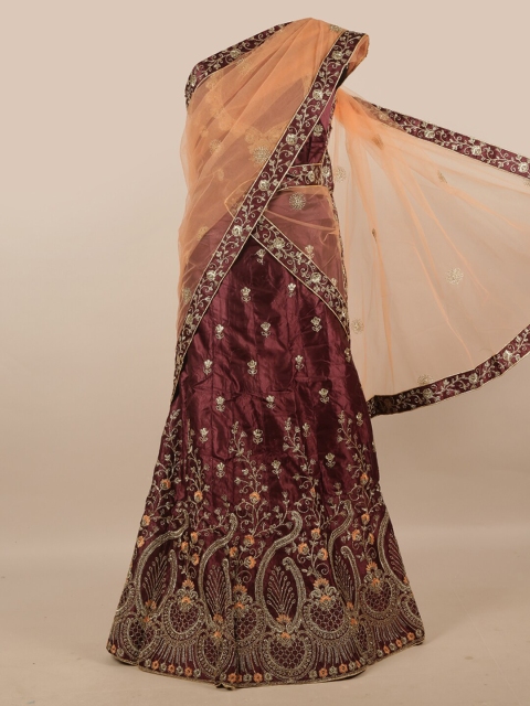 

Pothys Peach-Coloured & Brown Embroidered Zardozi Unstitched Lehenga & Blouse With Dupatta