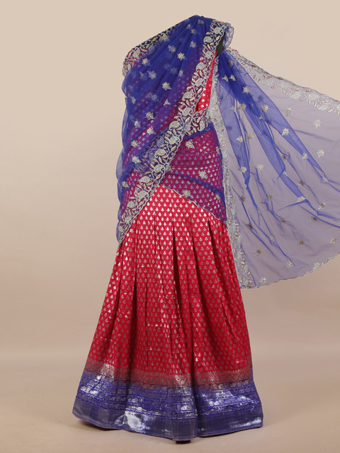 

Pothys Blue & Red Unstitched Lehenga & Blouse With Dupatta