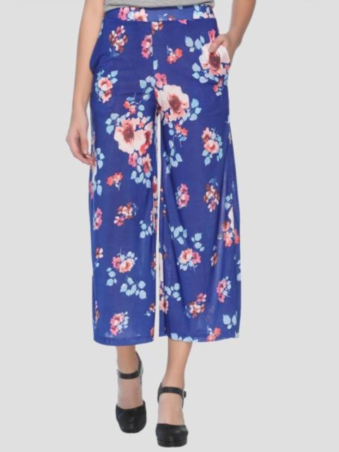 

armure Women Blue & Coral Floral Printed Crepe Cropped Ethnic Palazzos