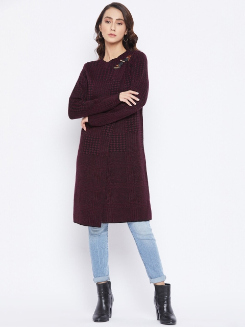 

Madame Women Maroon & Black Woolen Longline Front-Open Sweater