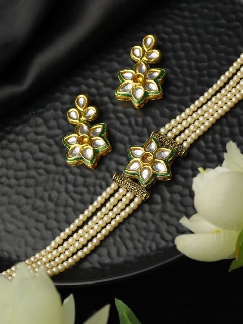 

Priyaasi Gold-Plated White & Green Kundan-Studded Jewellery Set