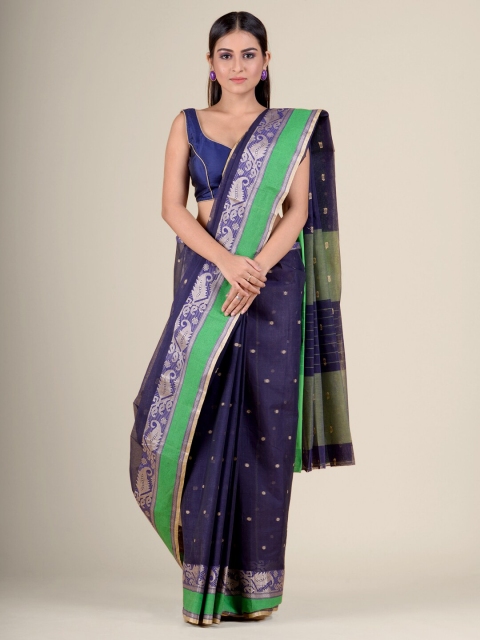 

Charukriti Women Blue Embellished Pure Cotton Handwoven Tant Saree