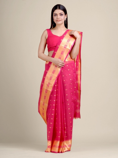 

Charukriti Red & Gold-Toned Woven Design Zari Pure Cotton Taant Saree
