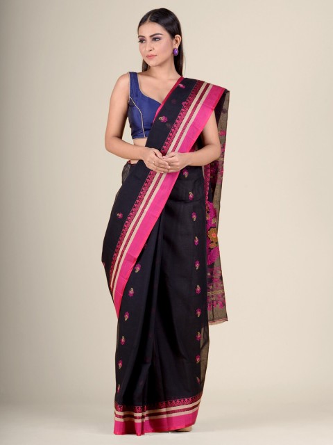 

Charukriti Black & Pink Floral Pure Cotton Taant Saree