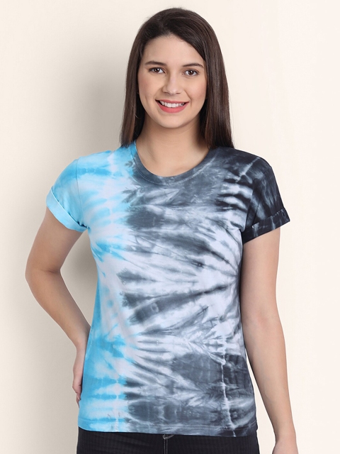 

BE AWARA Women Blue & Black Tie & Dye Boyfriend T-shirt