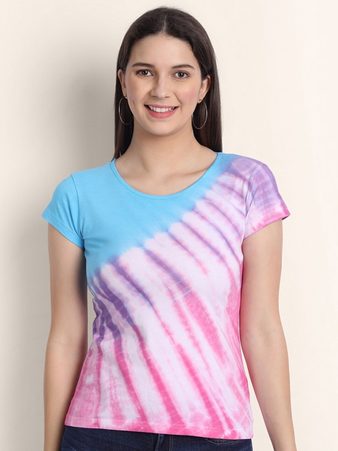 

BE AWARA Women Pink & Blue Tie & Dyed Round Neck Cotton T-shirt