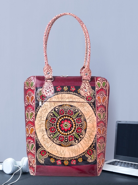 

Golden Peacock Women Maroon & Peach-Coloured Leather Laptop Bag