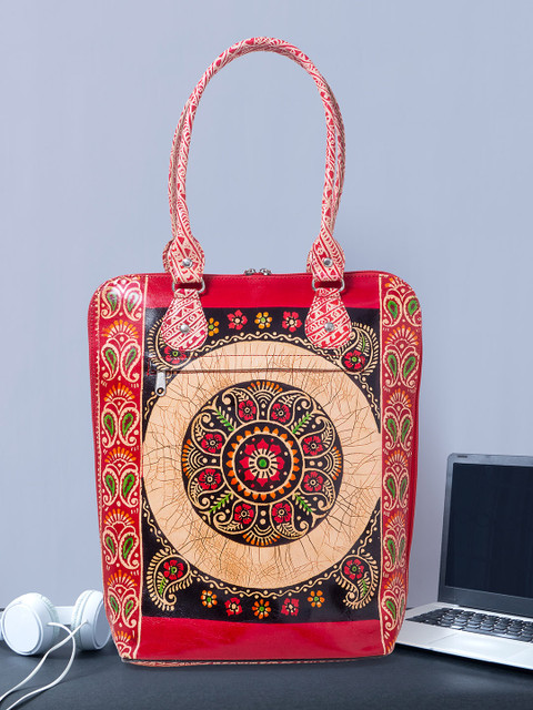 

Golden Peacock Women Red & Beige Printed Leather Laptop Bag