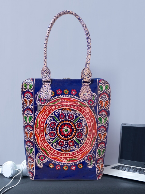 

Golden Peacock Women Blue Ethnic Motifs Printed Handcrafted Leather Laptop Bag