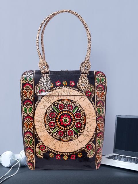 

Golden Peacock Women Black Ethnic Motifs Printed Handcrafted Leather Laptop Bag
