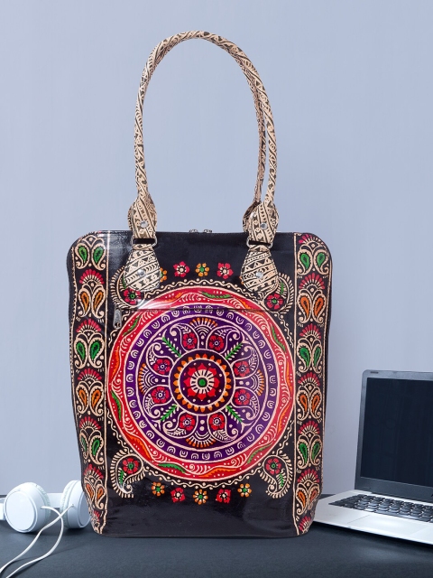 

Golden Peacock Black Ethnic Motifs Printed 13 inch Leather Laptop Bag
