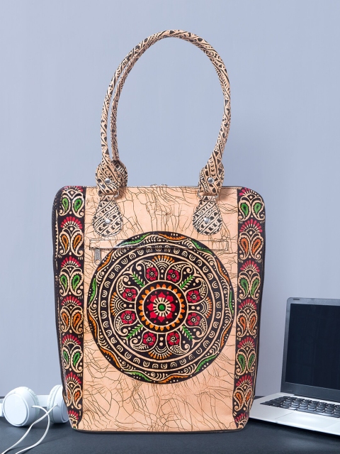 

Golden Peacock Women Black & Peach-Coloured Printed Leather 13 Inch Laptop Bag