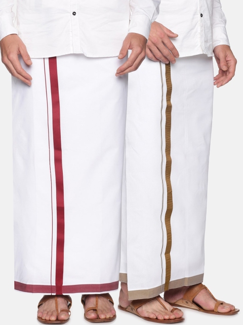 

Sethukrishna Men White & Maroon Solid Cotton Dhoti