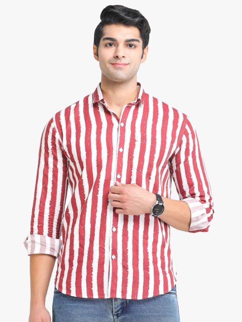 

COLVYNHARRIS JEANS Men Red & White Linen Striped Slim Fit Casual Shirt