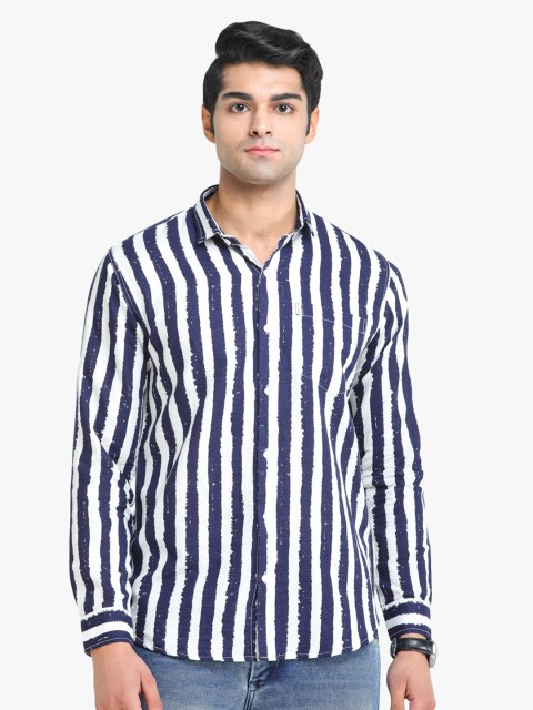 

COLVYNHARRIS JEANS Men Navy Blue & White Linen Striped Slim Fit Casual Shirt