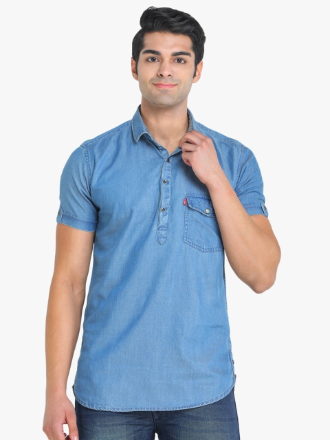 

COLVYNHARRIS JEANS Men Blue Denim Solid Slim Fit Half Button Placket Casual Shirt
