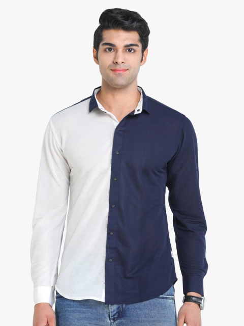

COLVYNHARRIS JEANS Men Blue & White Colourblocked Slim Fit Cotton Casual Shirt