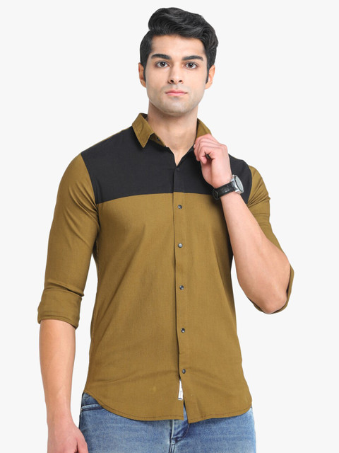 

COLVYNHARRIS JEANS Men Khaki & Navy Blue Colourblocked Slim Fit Casual Shirt
